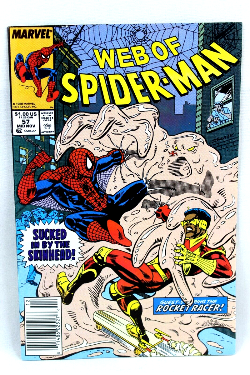 Web of Spider-Man #57 Skinhead & Rocket Racer UPC Newsstand 1989