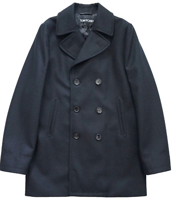   $3680 Auth TOM FORD Black FLEECE WOOL Double-Breasted PEA COAT IT-46 US-10