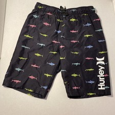 Hurley Board Shorts Boys 10/12 Black Fish Print Swim Trunks Beach Surf