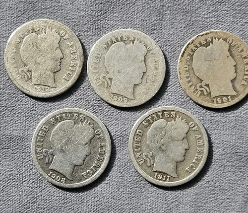 Lot of 5 Barber dimes all different dates 90% silver