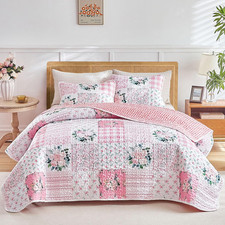3 Pieces Floral Patchwork Quilt Set California King, 102X114 Inches- Pink N Whit
