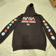 NASA Worm Logo Men's Black Planetary Hoodie Adult Hooded Sweatshirt Size Medium