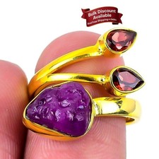 Natural Pink Tourmaline Solid Silver Gold Vermeil Statement Artisan Ring Size 8