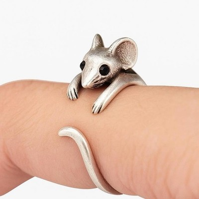 925 Silver Mouse Cuff Ring Black Stone Vintage Gift Women Unisex Jewelry