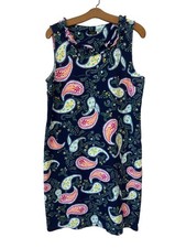 Talbots Shift Dress Size Large Pleat Neck Paisley Print Navy Multicolor Bohemian