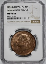 1853 Great Britain Penny NGC MS 65 RB Ornamental Trident