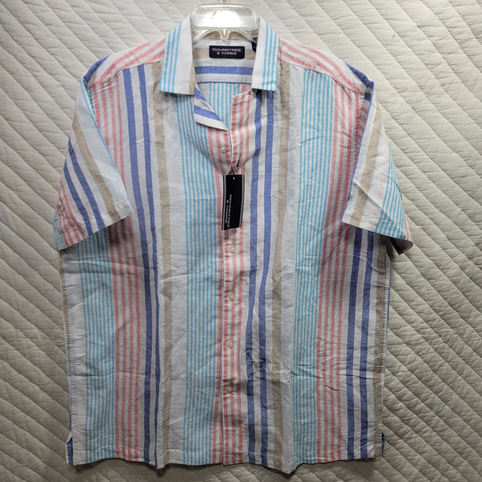 NEW Roundtree & Yorke Shirt Mens Large Striped Linen Blend Button Front