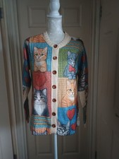 NEW WITH NO TAGS, LADIES CAT LOVERS CARDIGAN. MULTI COLOURS. SIZE LARGE