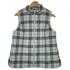 J. Jill Puffer Vest Zip-Up Womens Size M Plaid Blue Purple Flannel Fleece