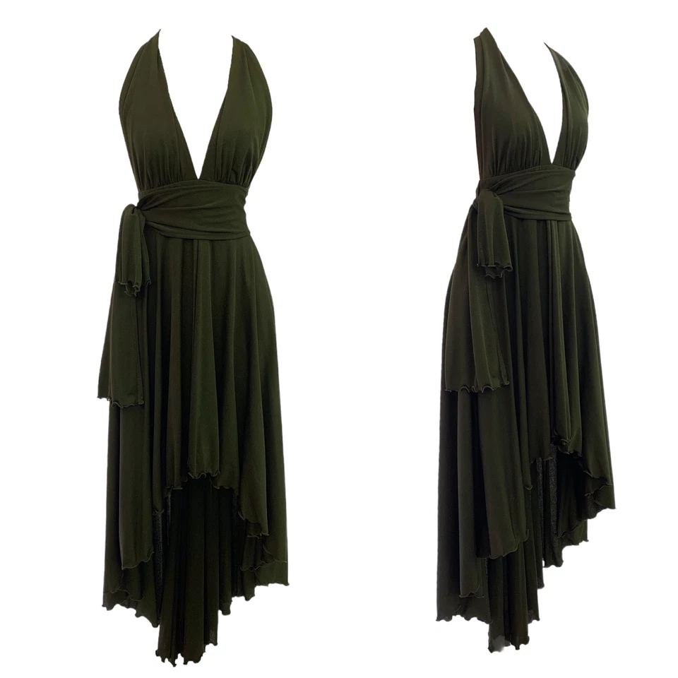 Vestido De Colección Años 70 70 Funky Marca Sexy Alto Bajo Halter Oliva Disco De Colección Foto 2 de 4