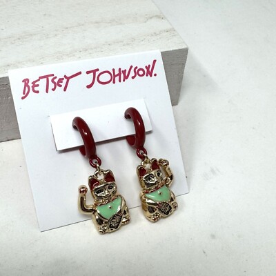 Betsey Johnson Lucky Cat Earrings Goldtone Hoops Enameled NWT