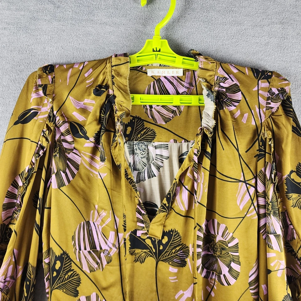 Blusa Karlie Mujer Satén Floral AOP Volantes Top S Amarillo Mostaza Negro Lavanda Foto 2 de 4