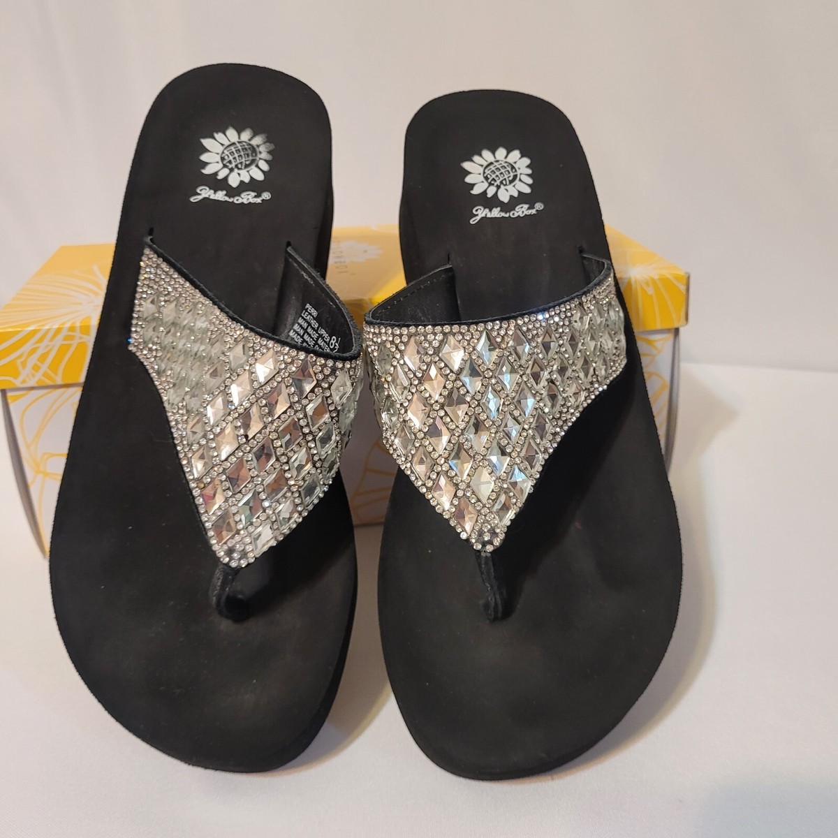 Yellow Box Bling Wedge Flip Flops Yellow Box Flip Flops Harlequin  Rhinestone Sparkle Wedges Womens