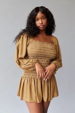 NWT Urban Outfitters Francis Smocked Puff Long Sleeve Plaid Mini Dress Sz XS $69