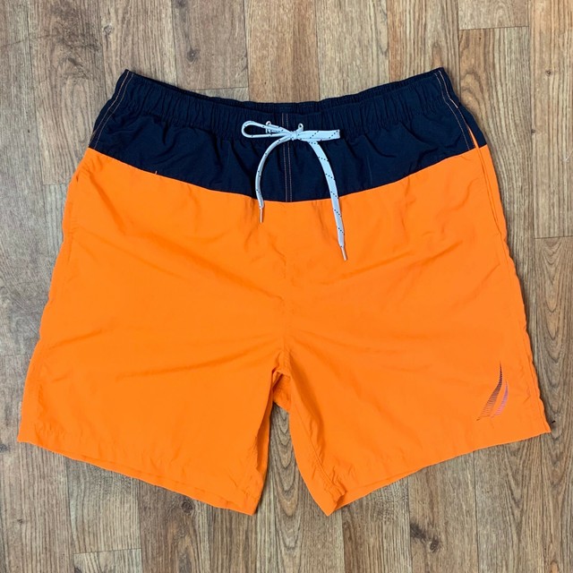Nautica Mens Orange Swim Trunks w Black Trim Elastic Waist 2 Pkt Logo