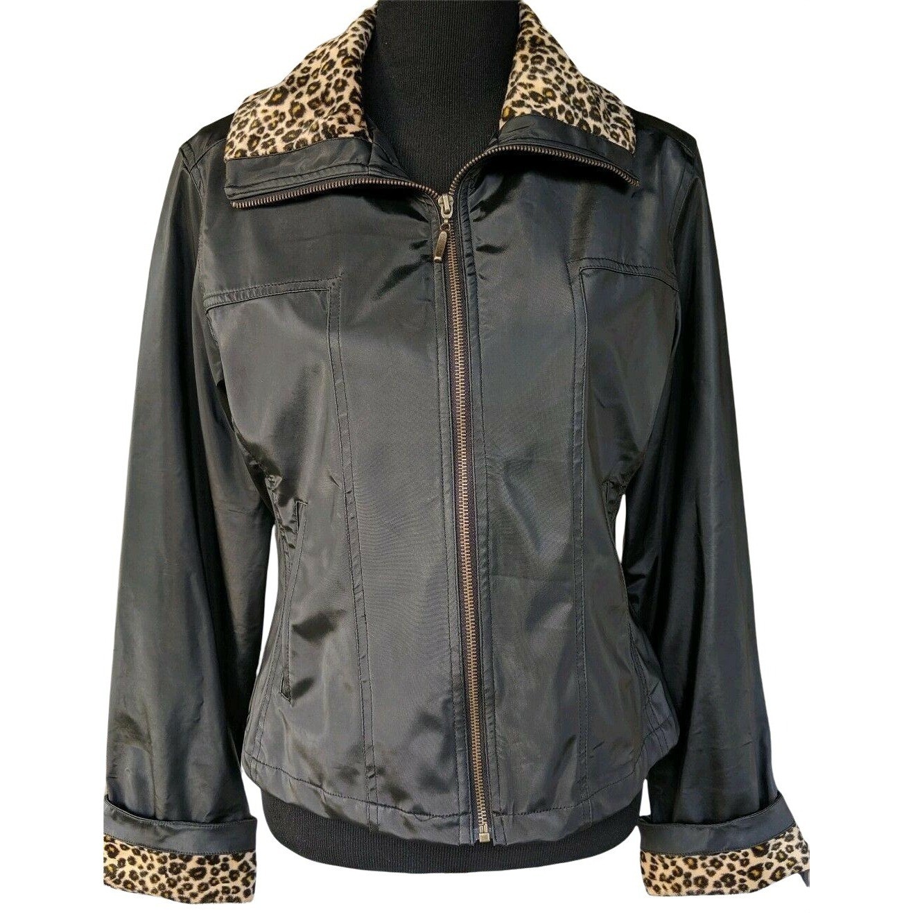 Black Satin Zip-Up Jacket with Plush Leopard Print Collar & Cuff - Women's Small-image