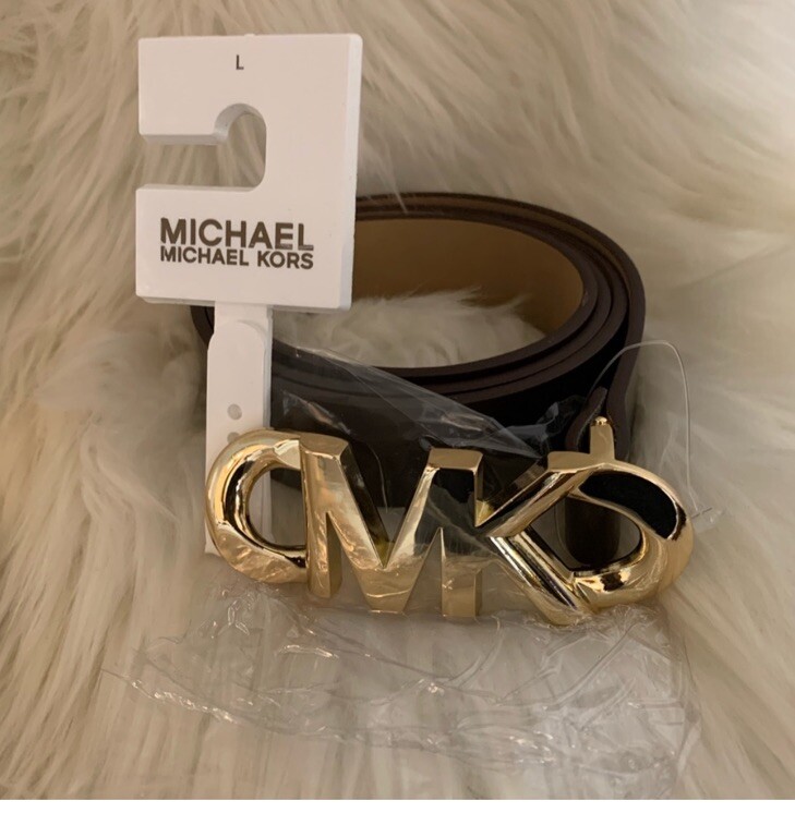 Michael Kors Genuine Leather Logo Buckle Belt Brown Gold Hardware XS $58 MSRP Logo Leather Belt in CHOCOLATE | Michael Kors [US] main image 3