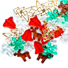 Lot of 70 Mixed Christmas Beads Green Red Clear Angels Trees Bells Snowflakes
