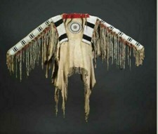Old American Handmade Beige Buckskin Suede Beaded Powwow Regalia War Shirt N4