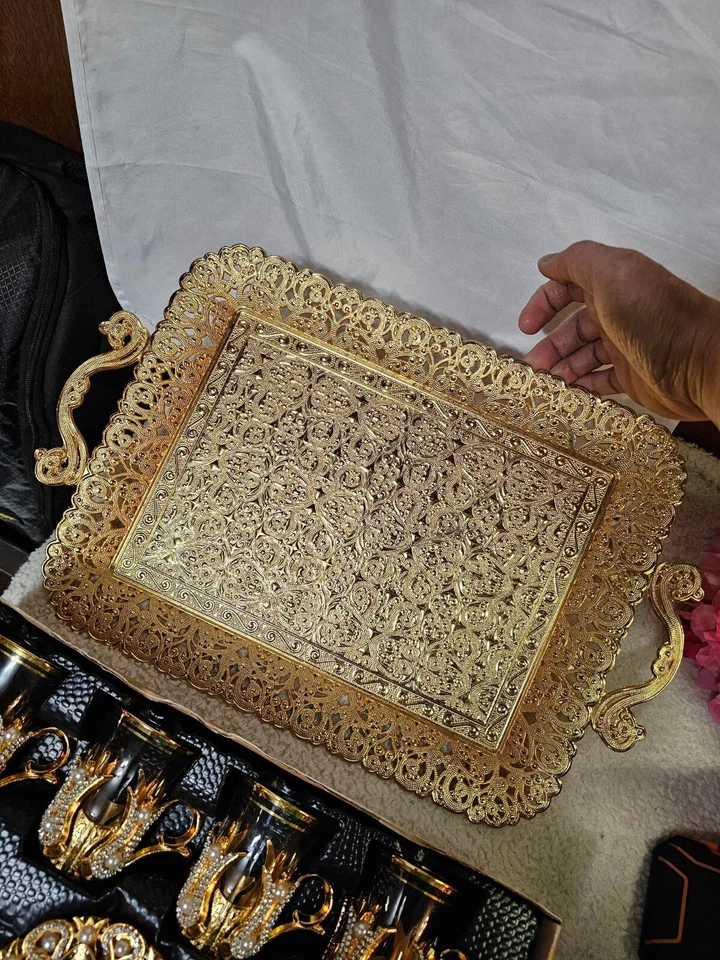 19pcs Handmade Copper Turkish Coffee Tea Serving Set Swarovski Coated Gold Color - Image 3 of 4