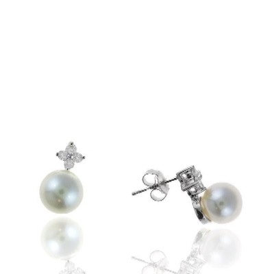 .20 TCW Natural Round Diamond and Pearl 14K White Gold Earrings