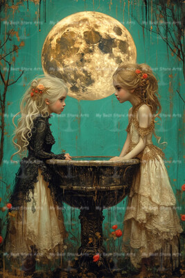 GIRLS WITCHY FOUNTAIN ART PRINT, Magic Gothic Poster Mage Moon Garden Decor C893