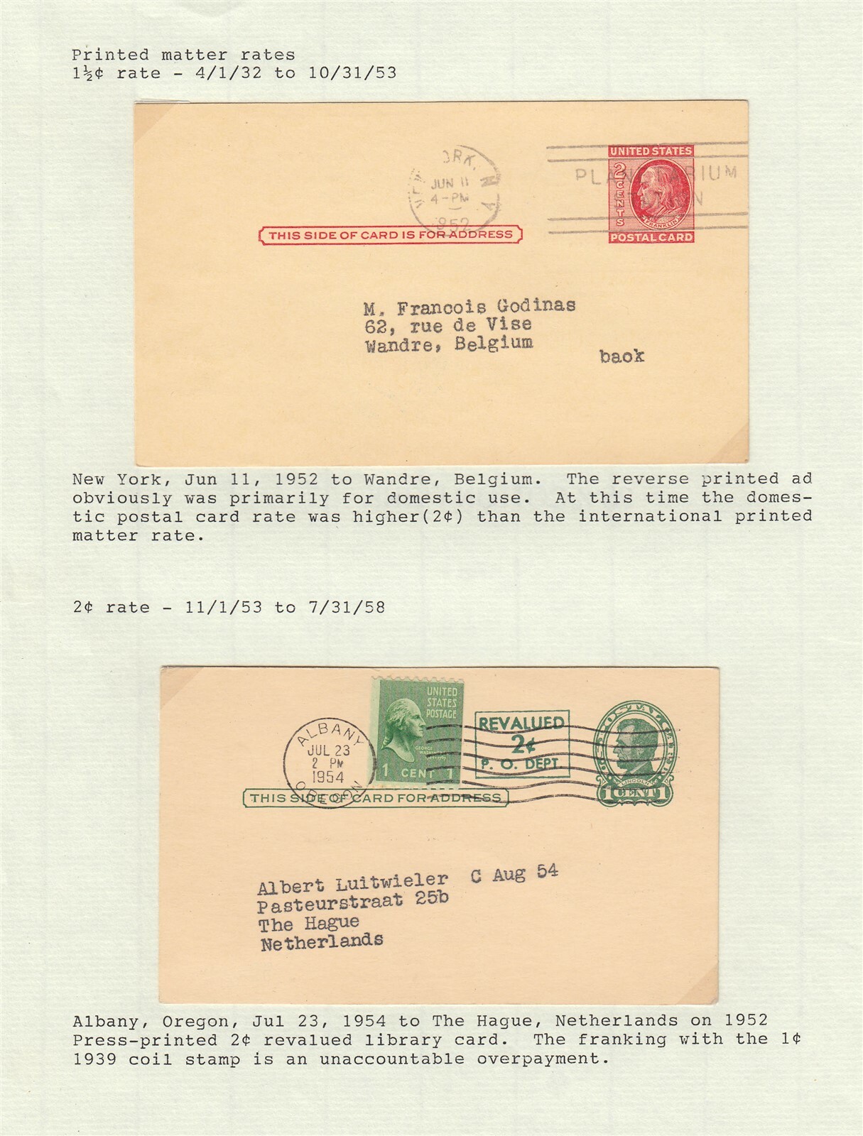 (14) Printed Matter Rate Postal Cards 1902 to 1954 on Exhibit Pages eBay