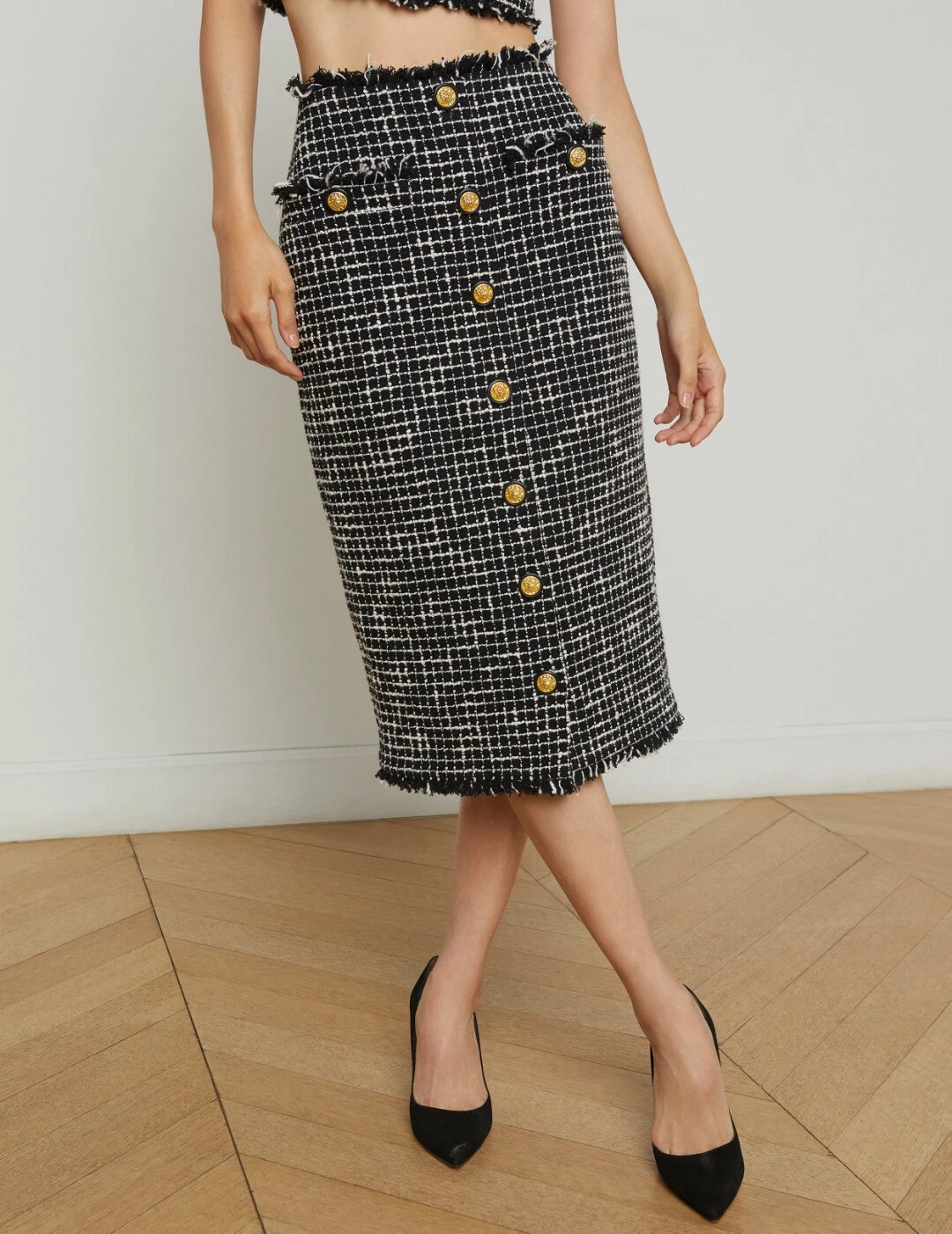 Women L'AGENCE Cotton Blend Checked Bodycon Fit Midi Skirt