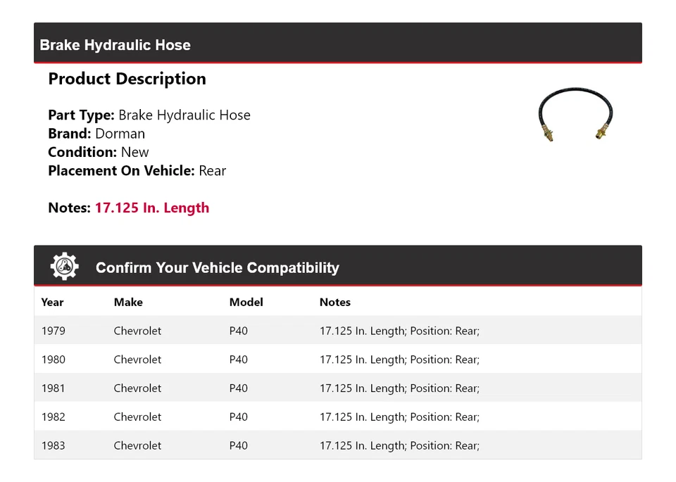 Manguera hidráulica de freno trasera para Chevrolet P40 Dorman 1979-1983 1980 1981 1982 Foto 2 de 4
