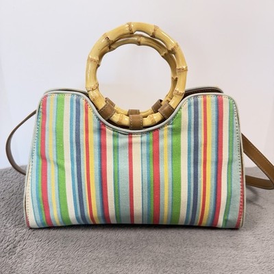 Fossil Striped Canvas Crossbody Satchel/handbag w/bamboo Style Ring Handles