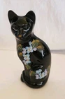 Fenton Black Glass Cat Figurine With Painted Blue Flowers