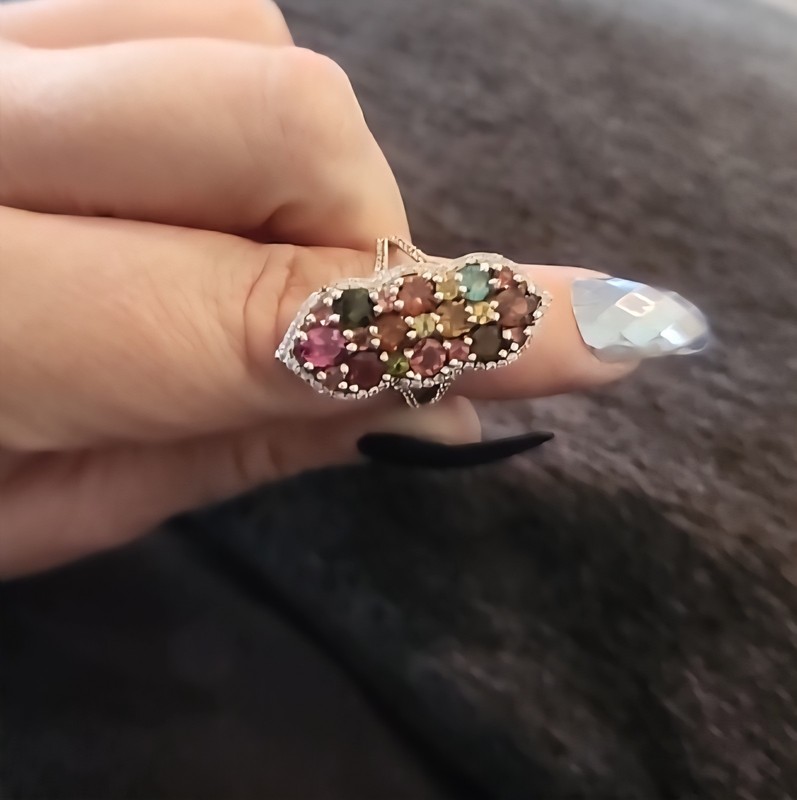 Natural 3 CM x 1.5 CM Multi Color Tourmaline Ring 925 Sterling Silver  Size 7