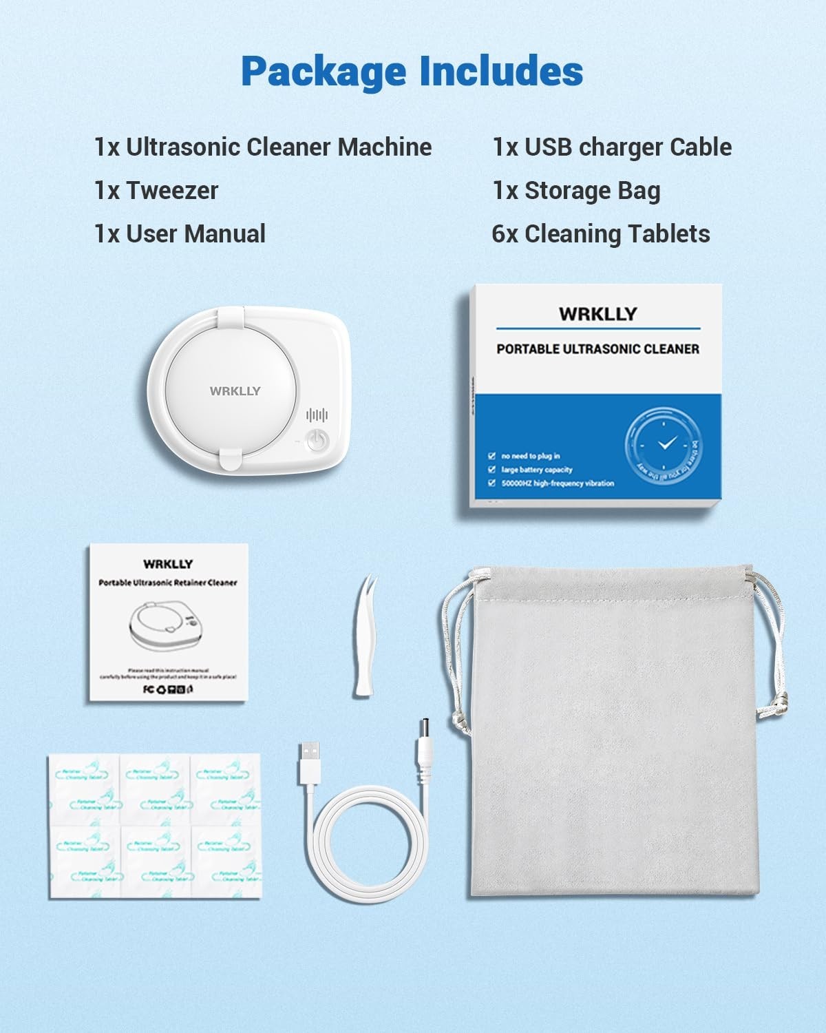wrklly Rechargeable Ultrasonic Retainer Cleaner Machine | 50kHz 1.9 inch Thin