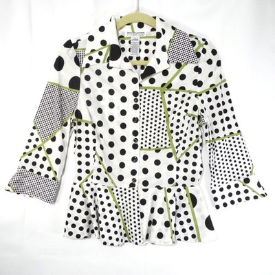 Mishka Art To wear Polka Dot Top Sz S Peplum Front Button Blouse Black & White