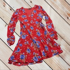 Zara S red/blue floral wrap dress 
