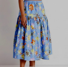 NEW Tanya Taylor Lara Tiered Skirt Women 3X Blue Floral Lily Haze Oxford $395