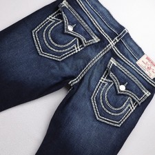 True Religion Straight Flap Super QT Jeans Mens 38 Dark Wash White Thick Stitch