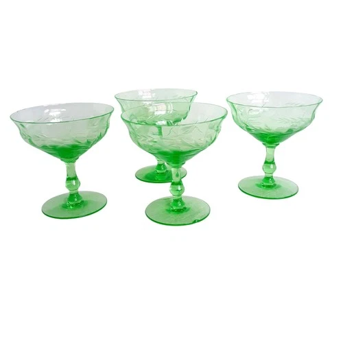 Set Of 4 Vintage Green Depression Glass Coupe Goblets With Leaf Etching Design