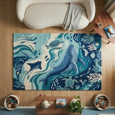 Blue Ocean Whale Sea Turtle Rug Tufted Carpet Under the Sea Decor Kids Room