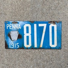 1915 Pennsylvania Porcelain License Plate Auto Tag Low Number Four Digit 8170