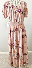 Kindred Peasant Boho Woven Maxi Dress Embroidered Floral Elastic Mauve L Large