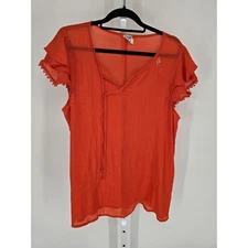 NAIF Womens Sz 2X Short Sleeve Gauzy Blouse Dark Coral w/ Tassel Sleeve