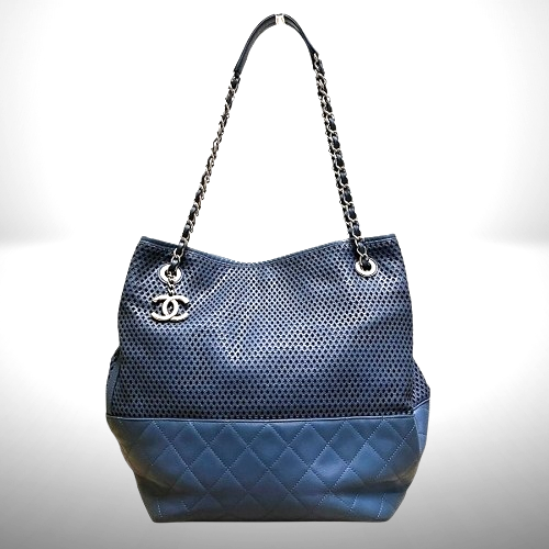 CHANEL Navy Silver CC Logo Perforated Matelasse Chain Tote Bag 25cm Used