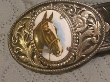 Vintage Silver Ornate Horse on Porcelain Oval Western Belt Buckle  Leather Belt
