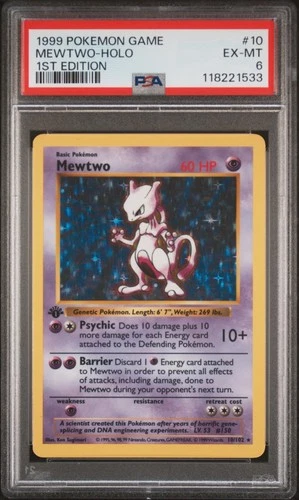 1999 Pokemon 1st Edition MEWTWO Shadowless Holo #10 PSA 6 EX-MT Base Set Graded