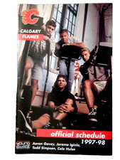 Calgary Flames NHL pocket Schedule 1997-98 Jarome Iginla, Cale Hulse Aaron Gavey