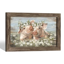 Farmhouse Framed Wall Art Decor: Rustic Farm Animal Wooden Print Artwork Cute...