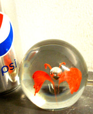 VINTAGE BLOWN ART GLASS PAPERWEIGHT BALL - INFUSED RED ORCHID FLOWER & BUBBLE