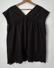 Stylish Uniqlo Black Babydoll Tunic Top with Broderie Anglaise Hem Medium