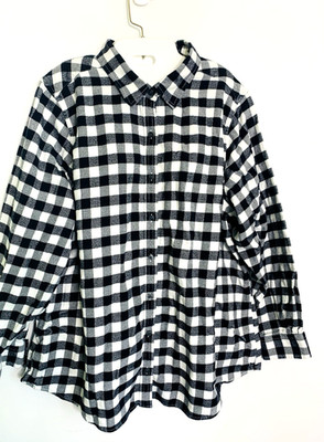 Lands' End Woman 20 Flannel Button Down Shirt Black White Check Outdoor Western